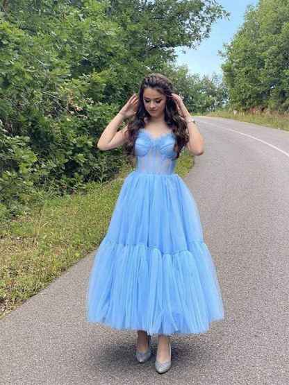 Blue A Line Sweetheart Neck Tulle Tea Length Prom Dress
