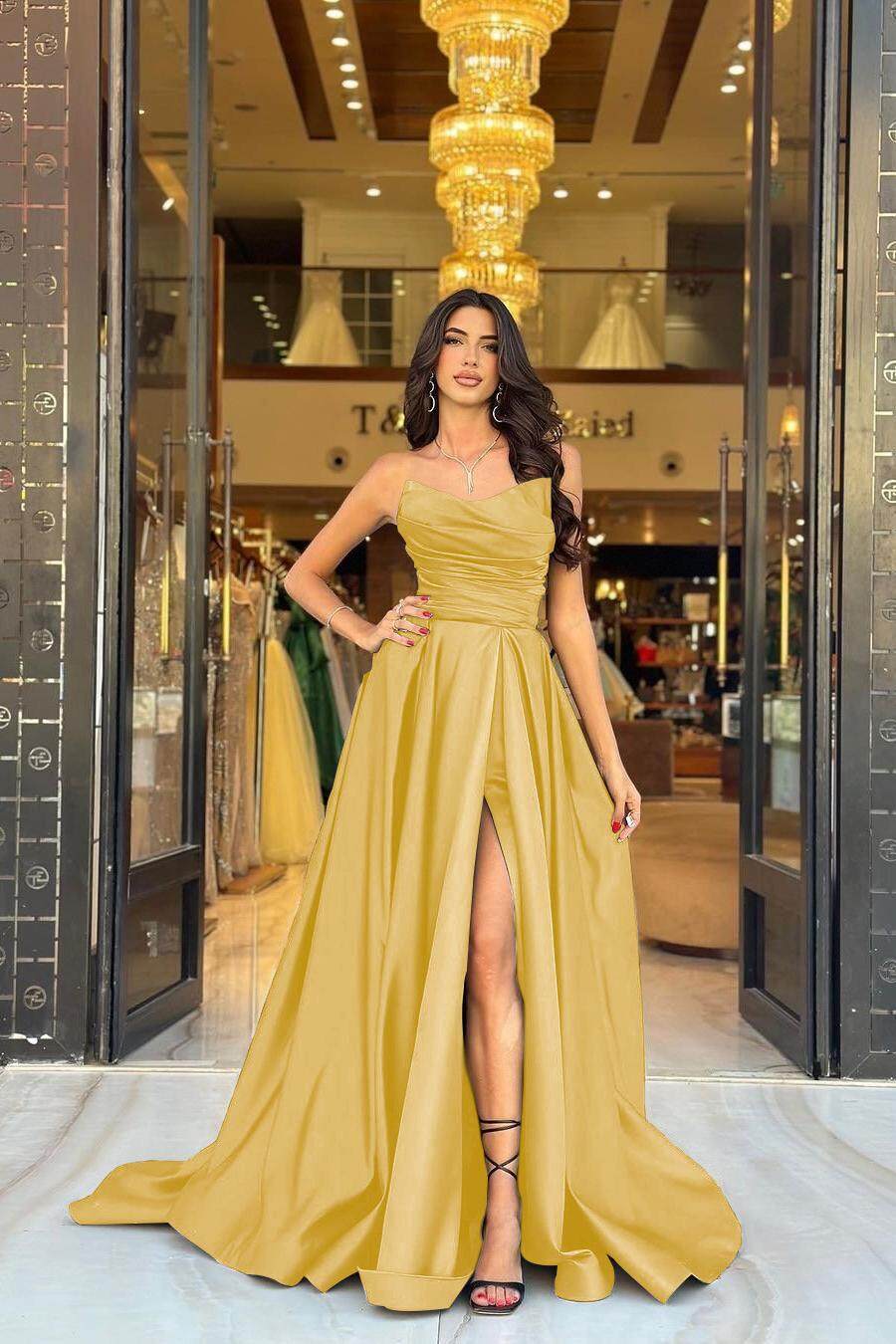 Strapless Sleeveless Long Front Split Prom Dress With Pleated