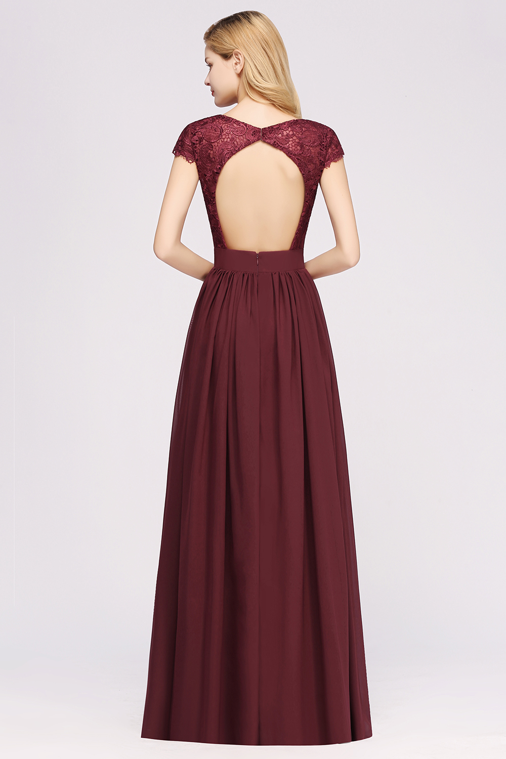 BMbridal Elegant Lace Open-Back Long Burgundy Bridesmaid Dresses Online-BMbridal