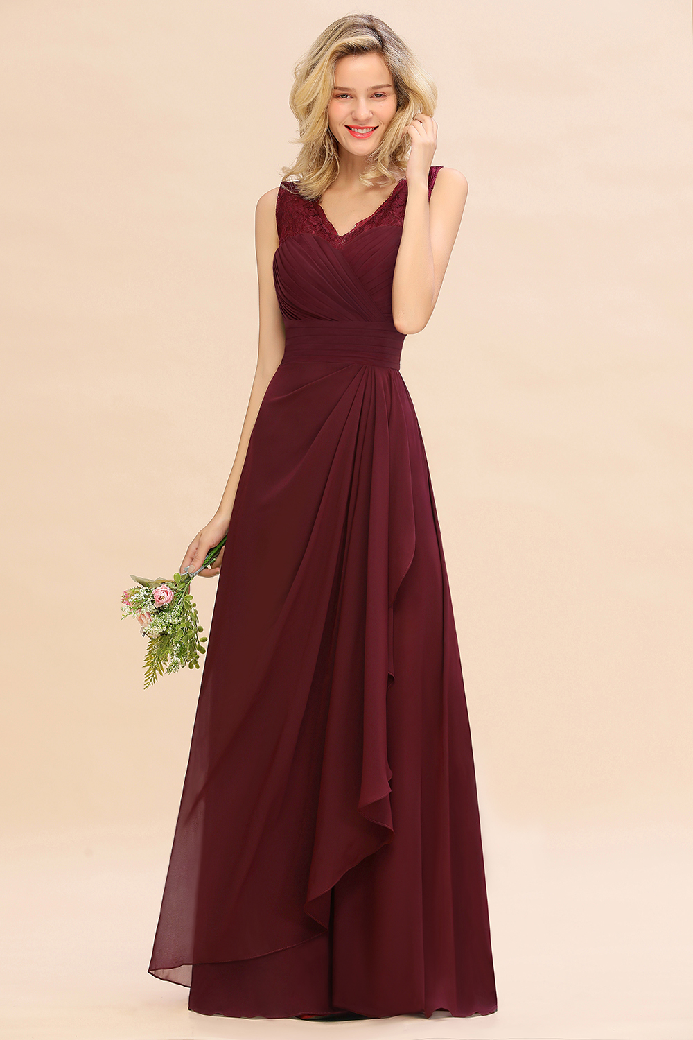 BMbridal Elegant Lace V-Neck Burgundy Chiffon Bridesmaid Dresses with Ruffle-BMbridal
