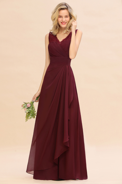 BMbridal Elegant Lace V-Neck Burgundy Chiffon Bridesmaid Dresses with Ruffle-BMbridal