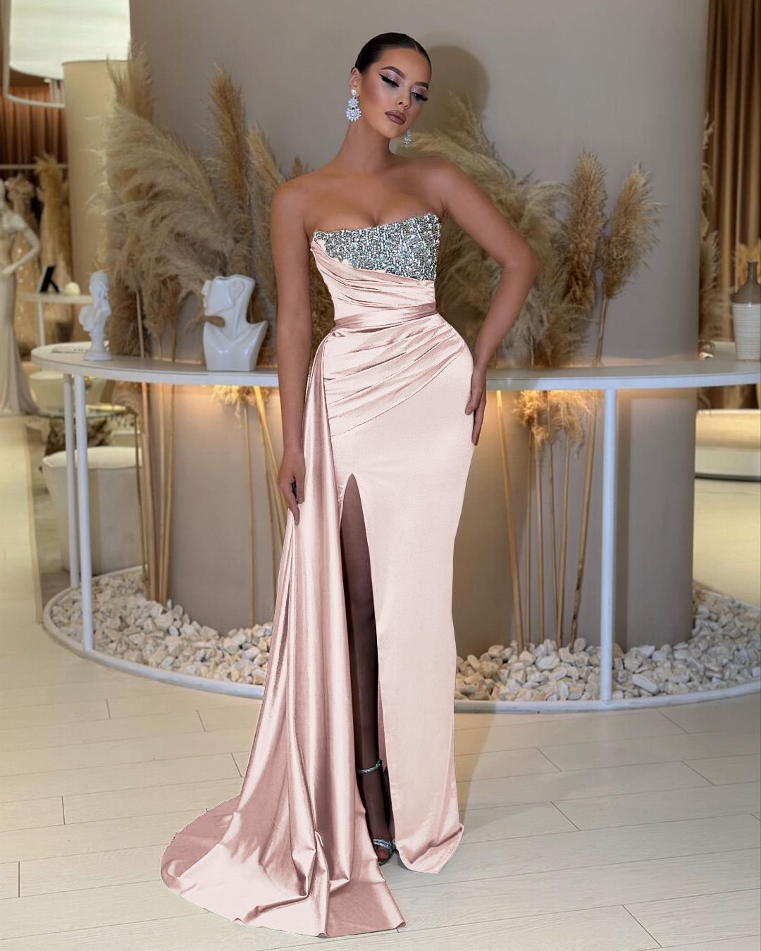 Charming Strapless Sleeveless Beading Sleeveless Split Prom Dress with Ruffles