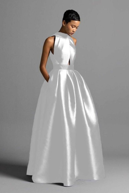 Halter Sleeveless High Waist Long Prom Dress With Pocket Pleated