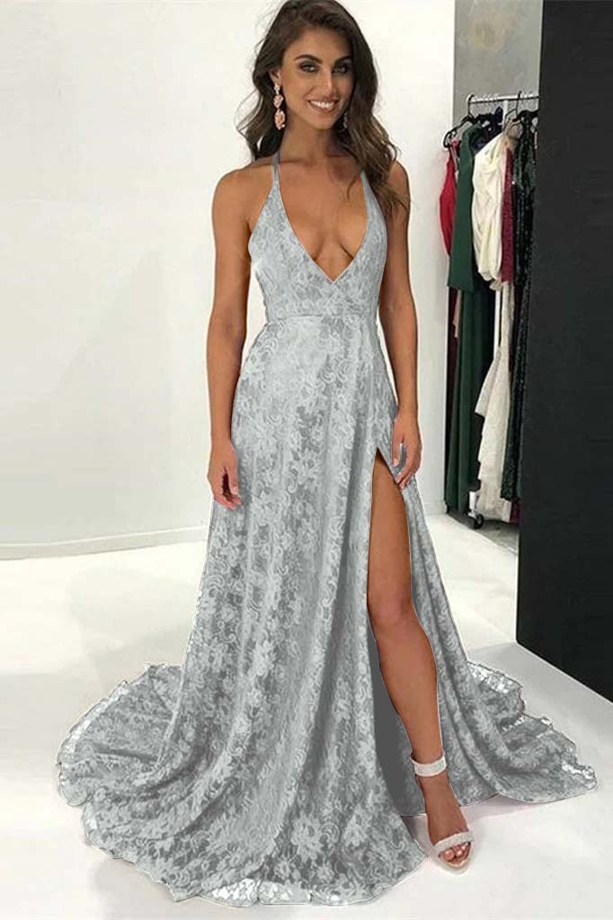 Burgundy Modern Halter Deep V Neck Backless Long Lace Prom Dress With Split