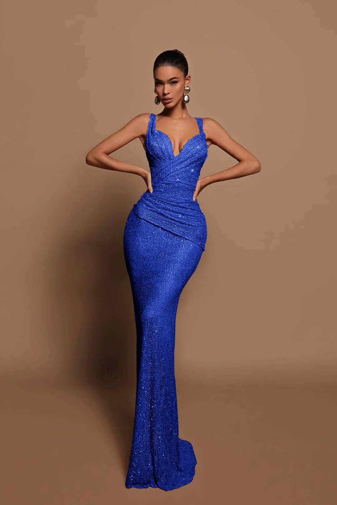 Sexy Pink Long Sequins Prom Dress V Neck Mermaid Sleeveless