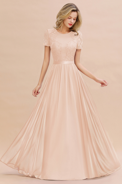 BMbridal Elegant Chiffon Lace Jewel Short-Sleeves Affordable Bridesmaid Dress-BMbridal