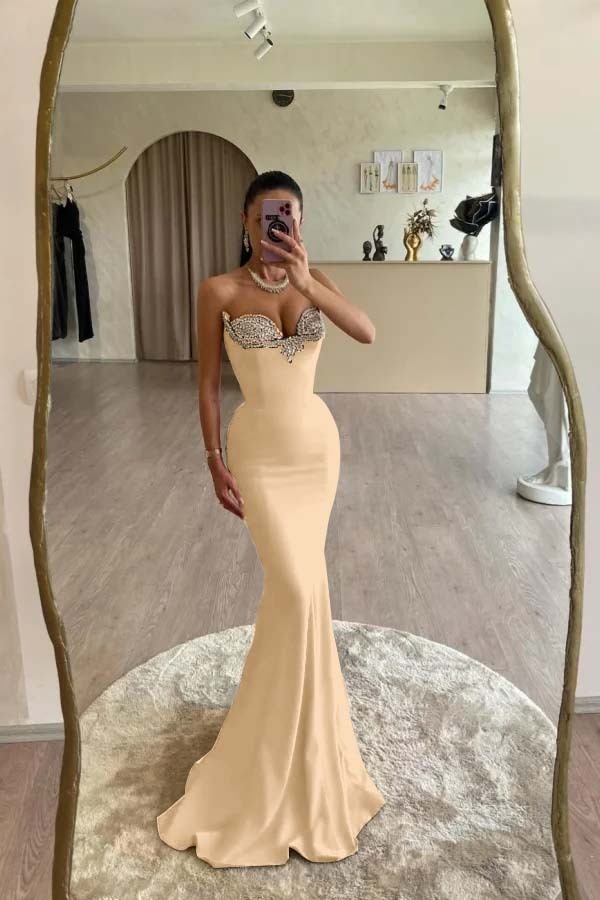 Strapless Sleeveless Long Mermaid Prom Dress With Beading Pleated