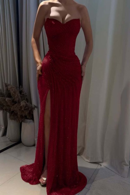 Strapless Sleeveless Mermaid Long Prom Dress With Split Pleated