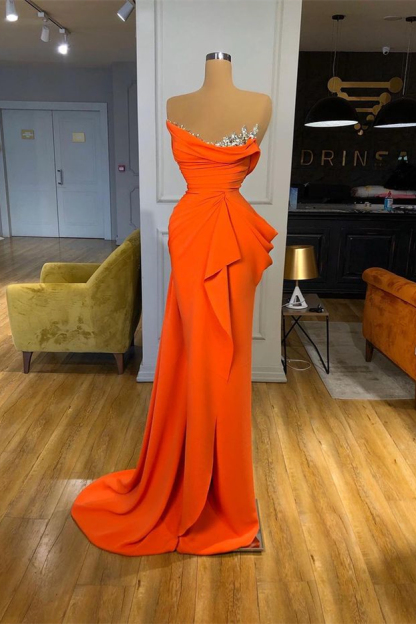 Orange Sequins Mermaid Online Strapless Pleated Prom Dress With Sleeveless