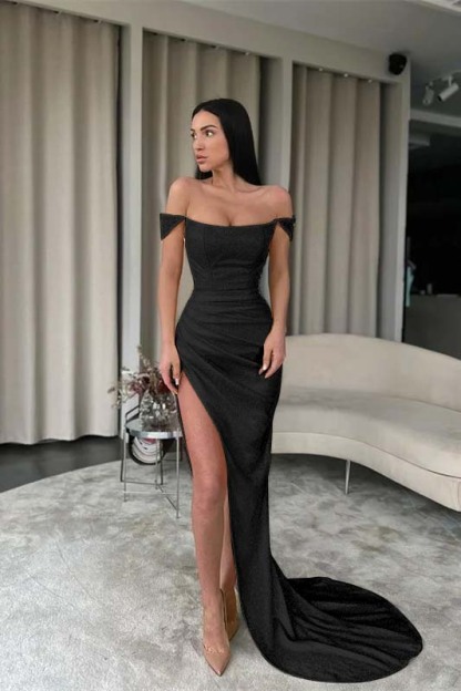 Off the Shoulder Sleeveless Mermaid Long Prom Dress With Split