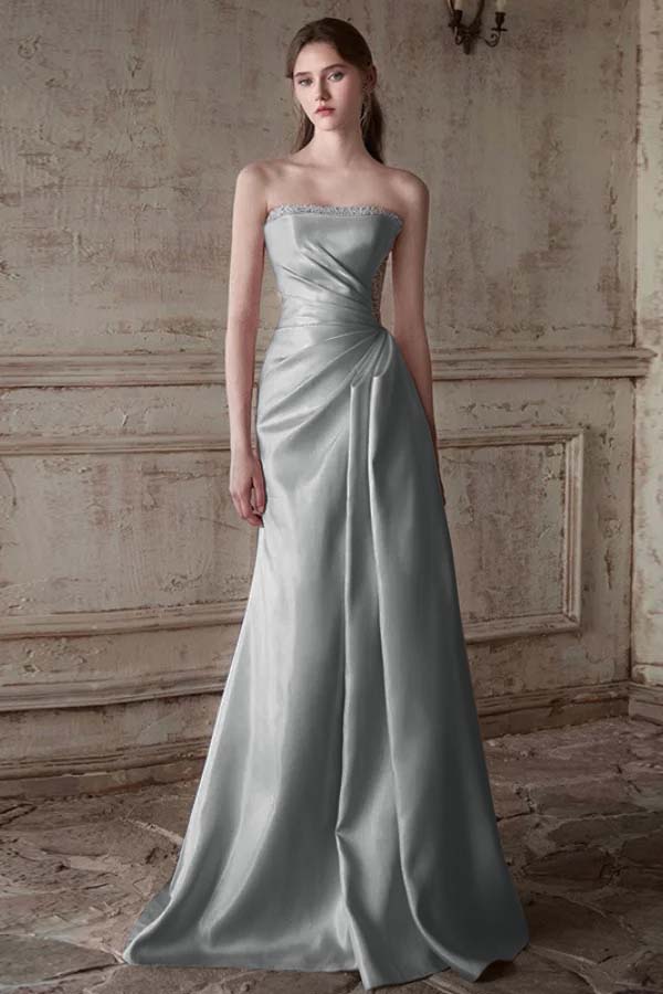 Strapless Sleeveless Long Mermaid Prom Dress With Pleated Beading