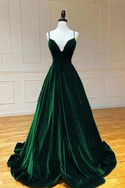 Spaghetti Strap V Neck Sleeveless Long Prom Dress With Pleated