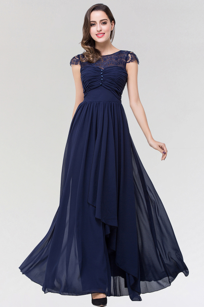 BMbridal Elegant Lace Scoop Sleeveless Navy Bridesmaid Dress with Buttons-BMbridal