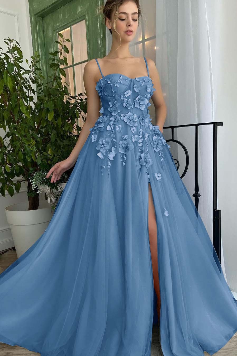 Baby Blue Sweetheart Flowers Appliques Spaghetti Strap Prom Dress With Split
