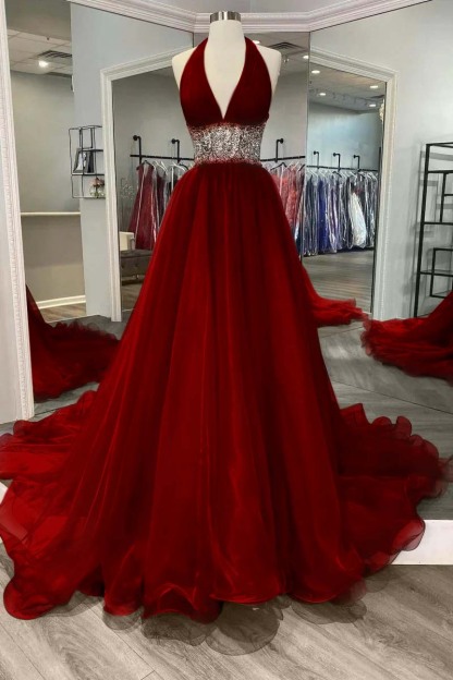 Halter Deep V Neck Sleeveless Long Prom Dress With Beading Ruffle