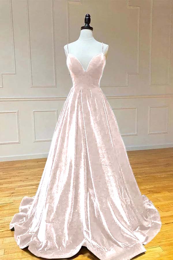 Spaghetti Strap V Neck Sleeveless Long Prom Dress With Pleated