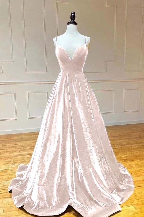 Spaghetti Strap V Neck Sleeveless Long Prom Dress With Pleated