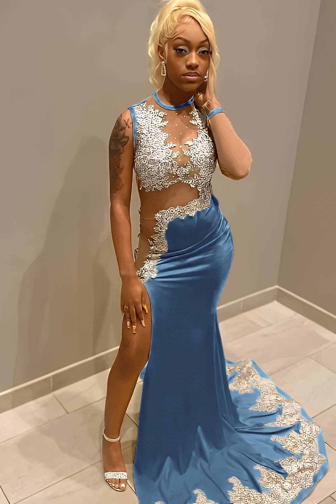 Sleeveless Jewel Neck Long Mermaid Prom Dress With Split Appliques