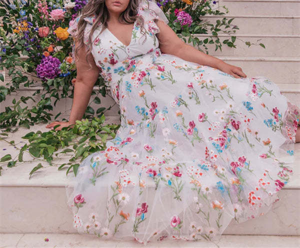 V-Neck Floral A-Line Party Dress With Short Sleeves