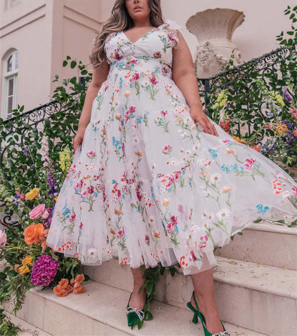 V-Neck Floral A-Line Party Dress With Short Sleeves