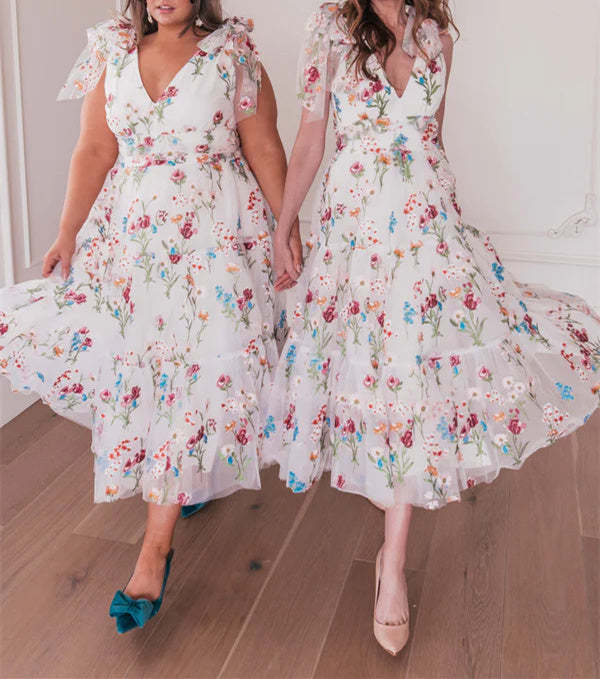 V-Neck Floral A-Line Party Dress With Short Sleeves