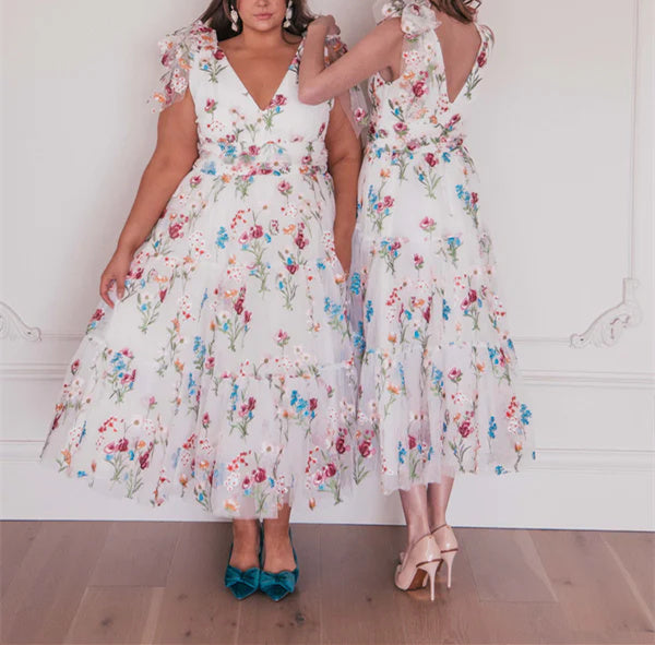 V-Neck Floral A-Line Party Dress With Short Sleeves