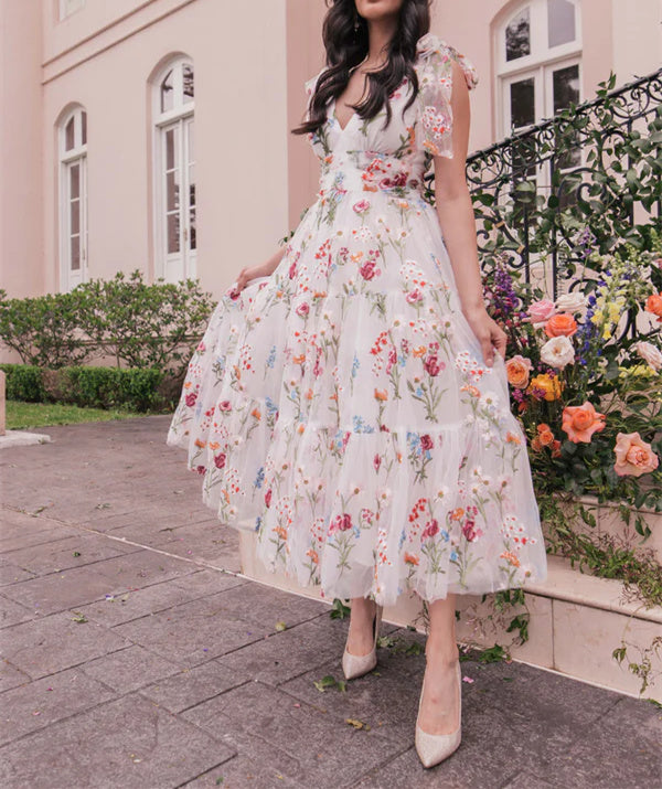 V-Neck Floral A-Line Party Dress With Short Sleeves