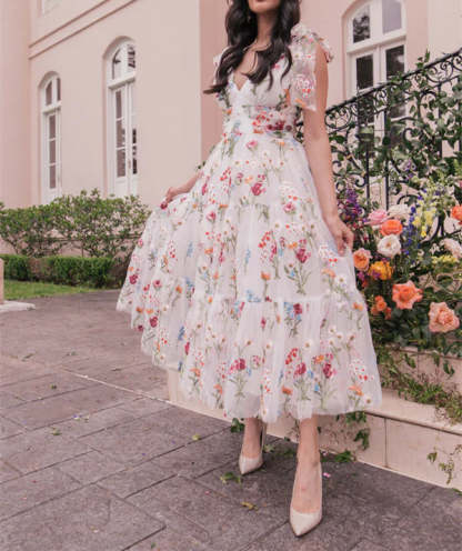 V-Neck Floral A-Line Party Dress With Short Sleeves