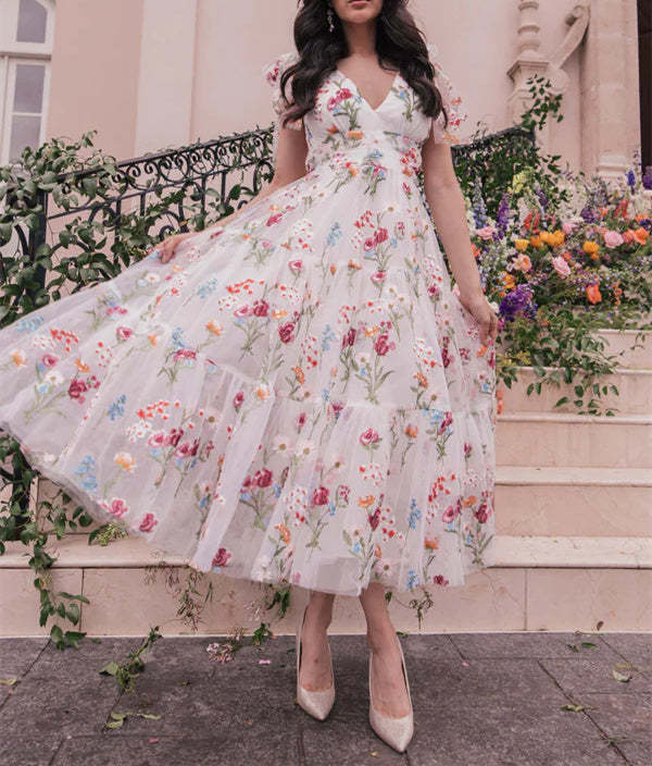 V-Neck Floral A-Line Party Dress With Short Sleeves