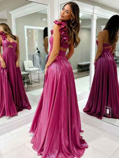 Fuchsia A-Line One Shoulder Metallic Long Prom Dress with Slit