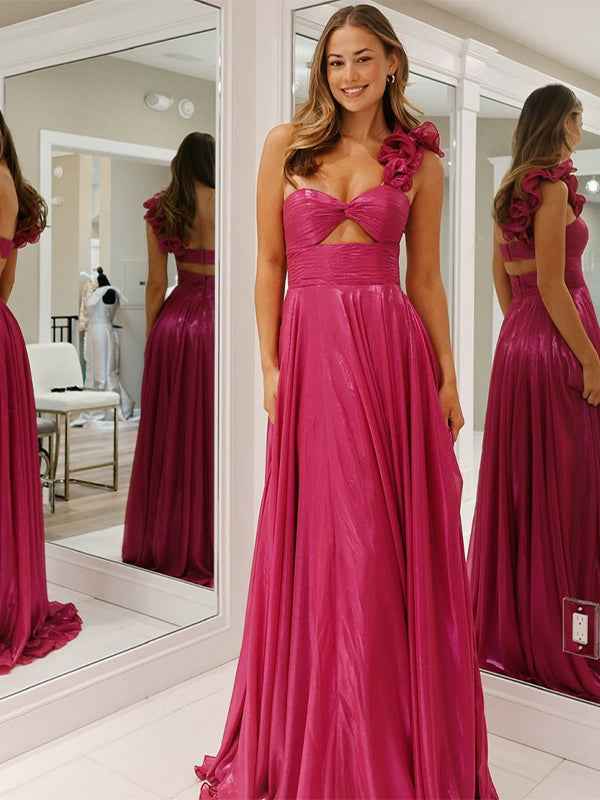 Fuchsia A-Line One Shoulder Metallic Long Prom Dress with Slit