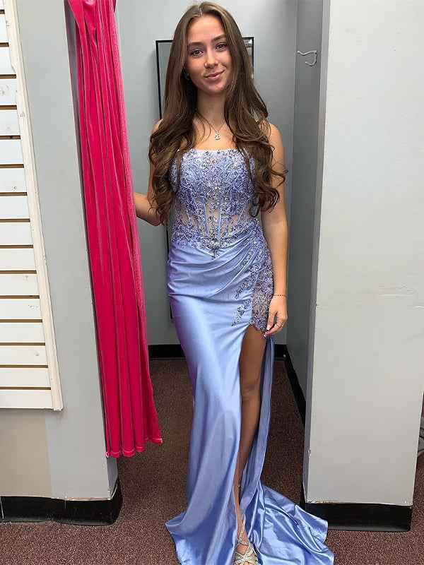 Grey Blue Strapless Satin Mermaid Applique Long Prom Dress with Slit