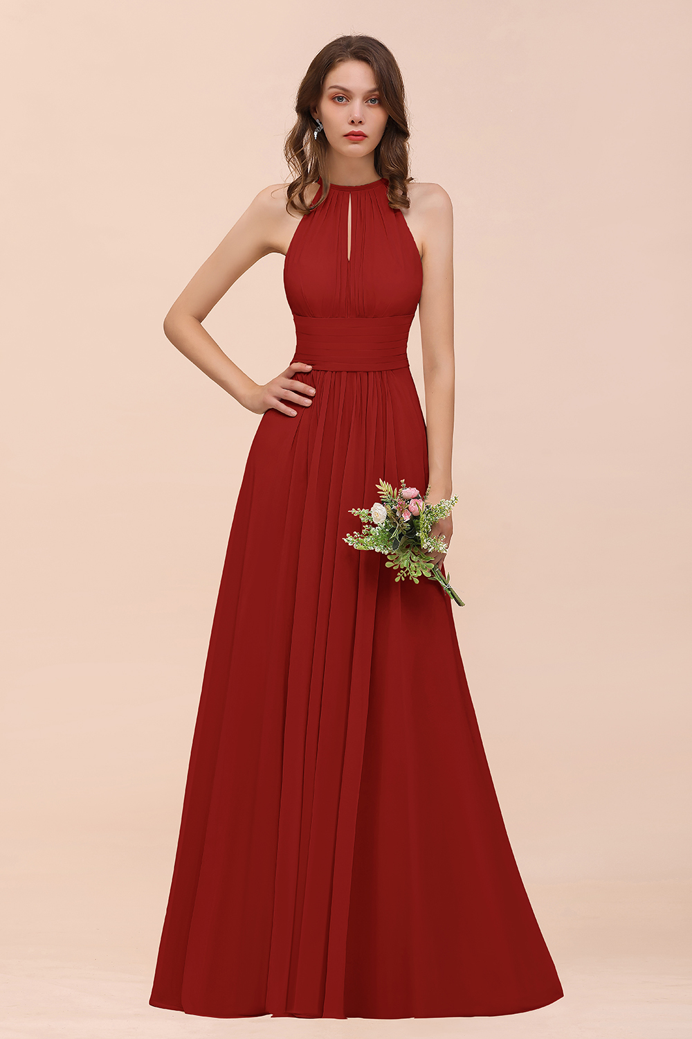 BMbridal Elegant Chiffon Jewel Ruffle Champagne Affordable Bridesmaid Dress Online-BMbridal