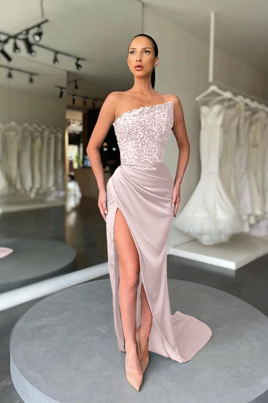 Sequins Strapless Sleeveless Dark Green Pleated Prom Dress With High Split