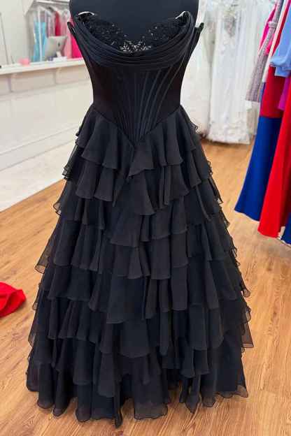 Blue Sweetheart Ruffled Long Corset Prom Dress with Slit
