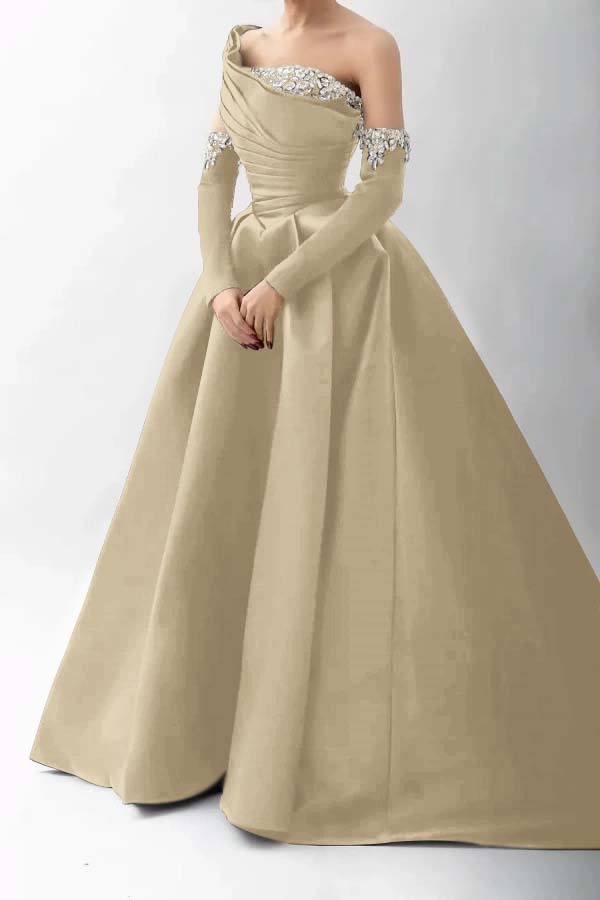 One Shoulder A Line Long Prom Dress With Beading Detachable sleeves