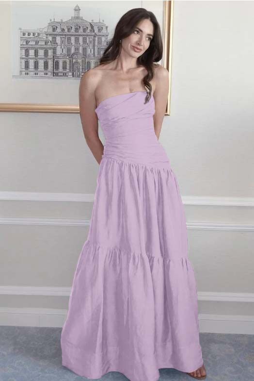 Strapless Sleeveless A Line Long Prom Dress With Pleated Pockets