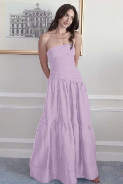 Strapless Sleeveless A Line Long Prom Dress With Pleated Pockets
