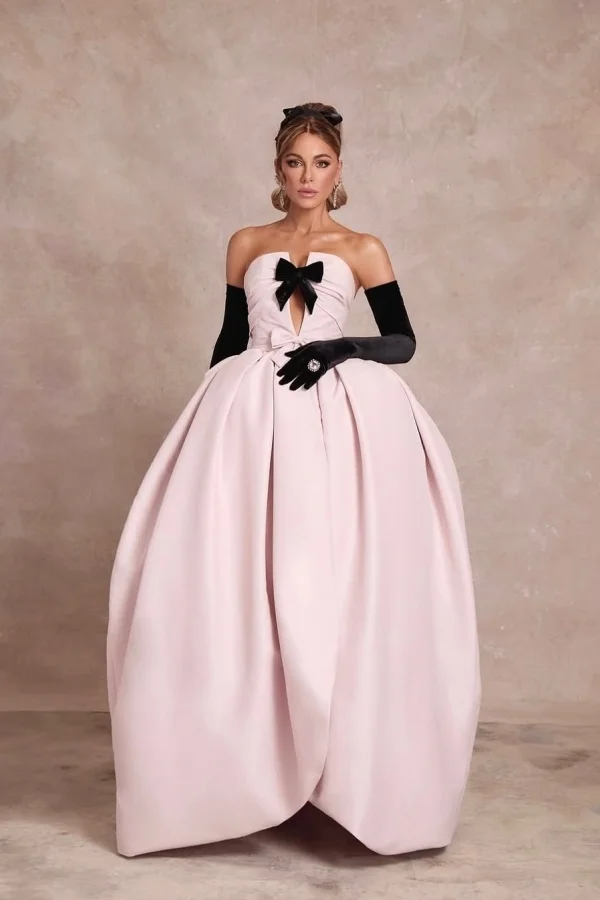 Strapless Sleeveless Long Ball Gown Prom Dress With Long Gloves