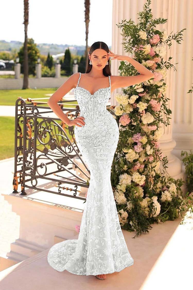Spaghetti Strap Sleeveless Mermaid Appliques Long Prom Dress With Beadings