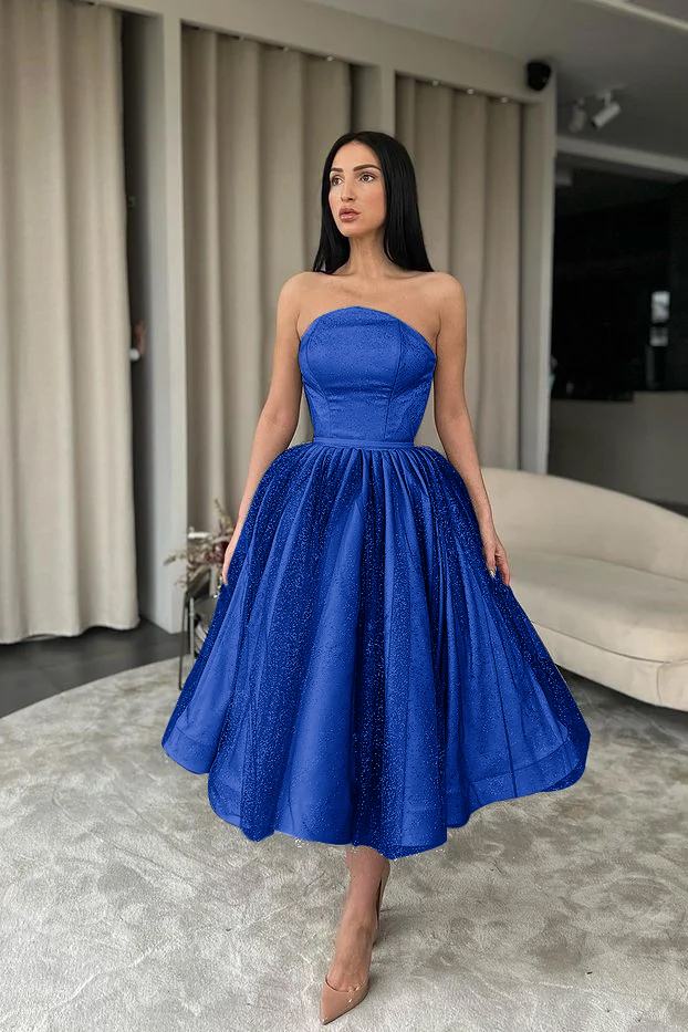 Black Tulle Strapless Sleeveless Tea Length A Line Prom Dress