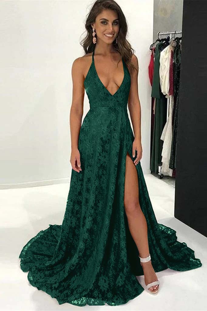 Burgundy Modern Halter Deep V Neck Backless Long Lace Prom Dress With Split