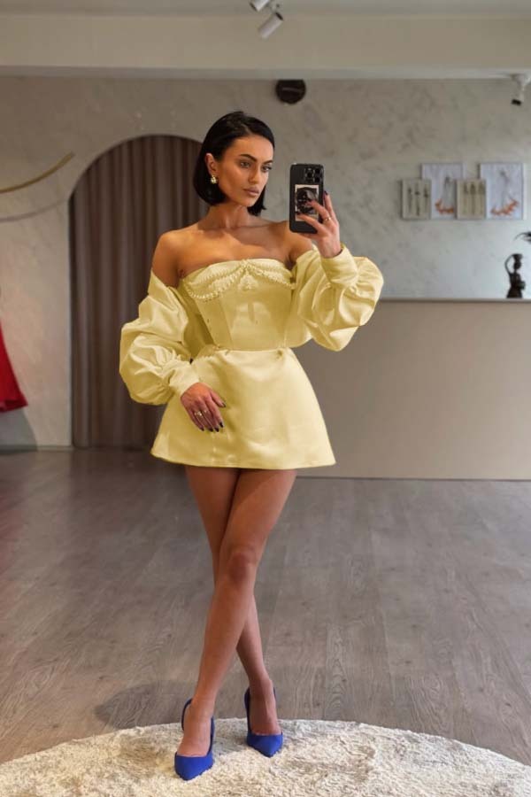 Spaghetti Strap Long Sleeves A Line Prom Dress With Beading