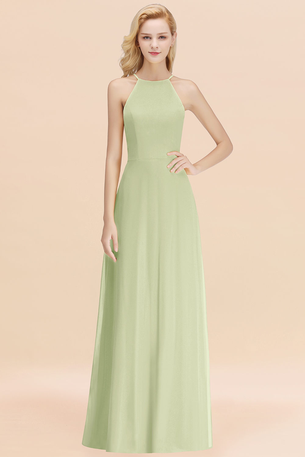 BMbridal Modest High-Neck Yellow Chiffon Affordable Bridesmaid Dresses Online-BMbridal