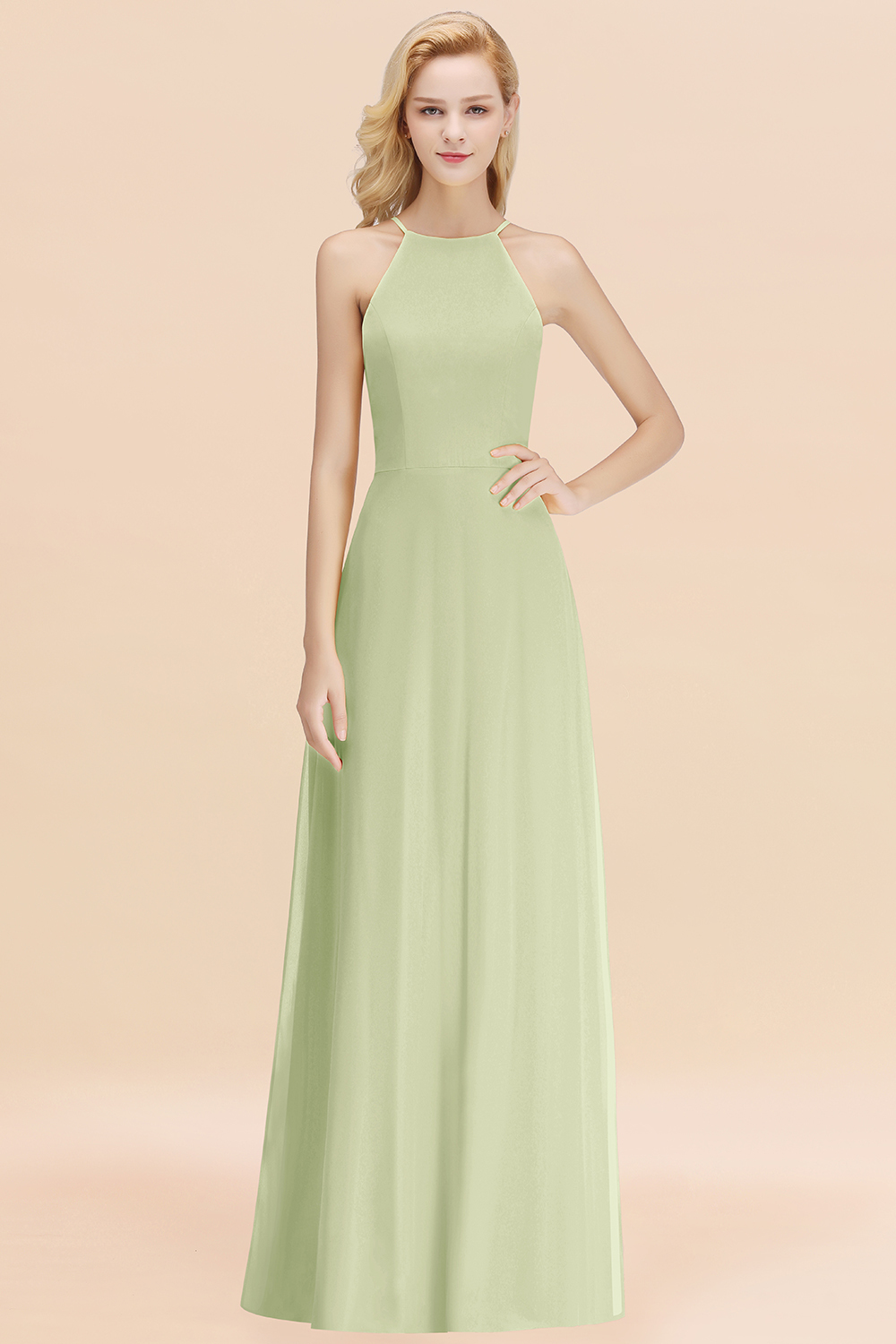 BMbridal Modest High-Neck Yellow Chiffon Affordable Bridesmaid Dresses Online-BMbridal