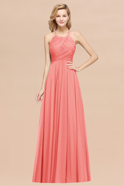 BMbridal Halter Crisscross Pleated Bridesmaid Dress Blue Chiffon Sleeveless Maid of Honor Dress-BMbridal