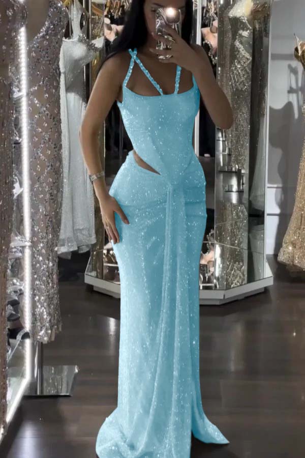 Straps Sleeveless Long Mermaid Prom Dress With Sequins Pleated