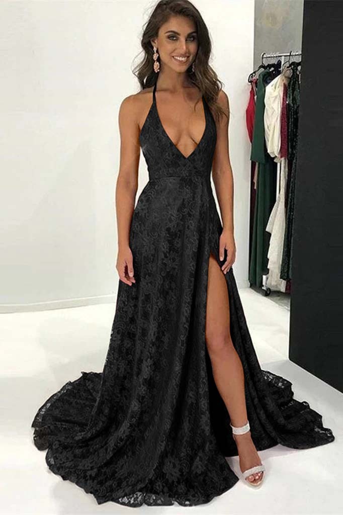 Burgundy Modern Halter Deep V Neck Backless Long Lace Prom Dress With Split