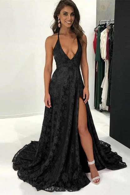 Burgundy Modern Halter Deep V Neck Backless Long Lace Prom Dress With Split
