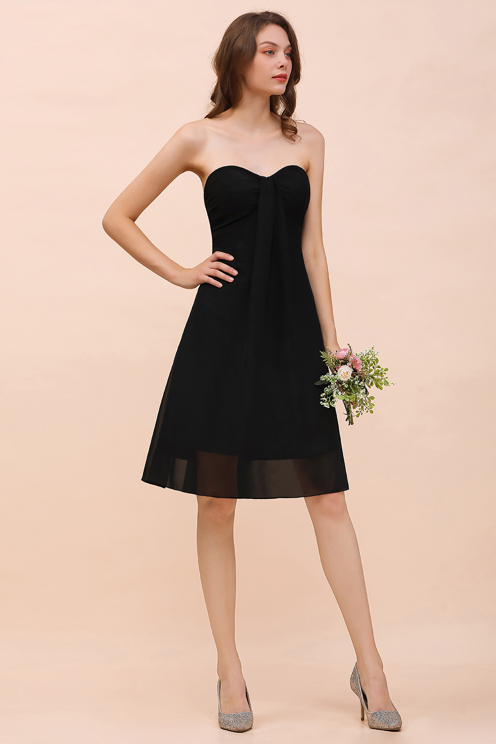 BMbridal Lovely Strapless Sweetheart Ruffle Short Black Bridesmaid Dress Affordable-BMbridal